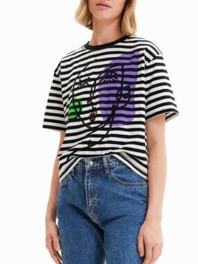 Desigual Arty Abstract Striped Faces Tee T-Shirt Women’s Large